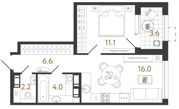 1-комнатная 39.9 м², 17 этаж, 13 750 011 руб.