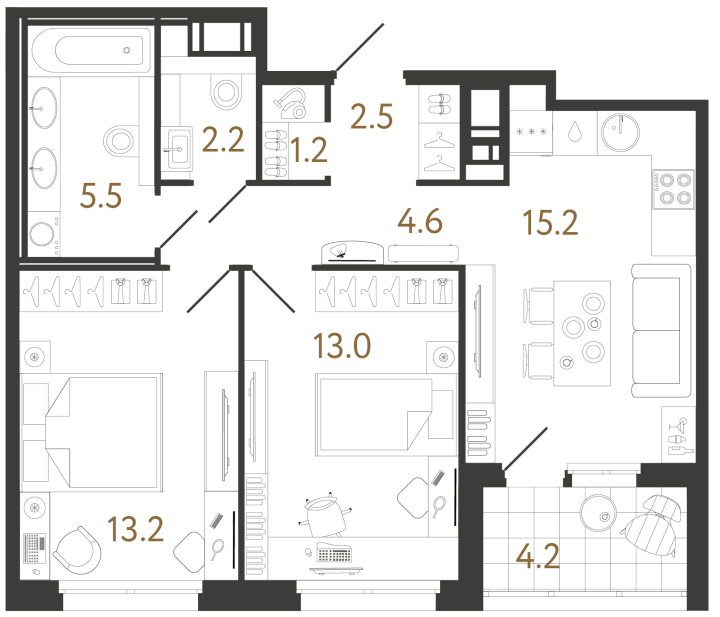 2-комнатная 57.4 м², 7 этаж, 22 689 330 руб.