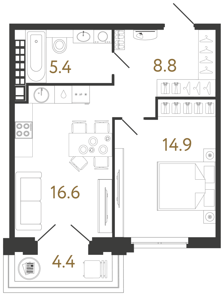 1-комнатная 45.7 м², 8 этаж, 28 791 000 руб.