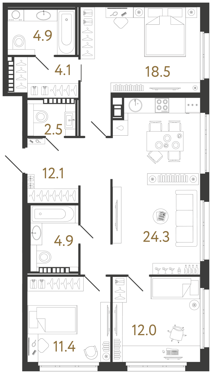 3-комнатная 94.7 м², 8 этаж, 59 661 000 руб.