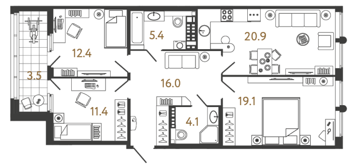 3-комнатная 89.3 м², 7 этаж, 43 387 562 руб.