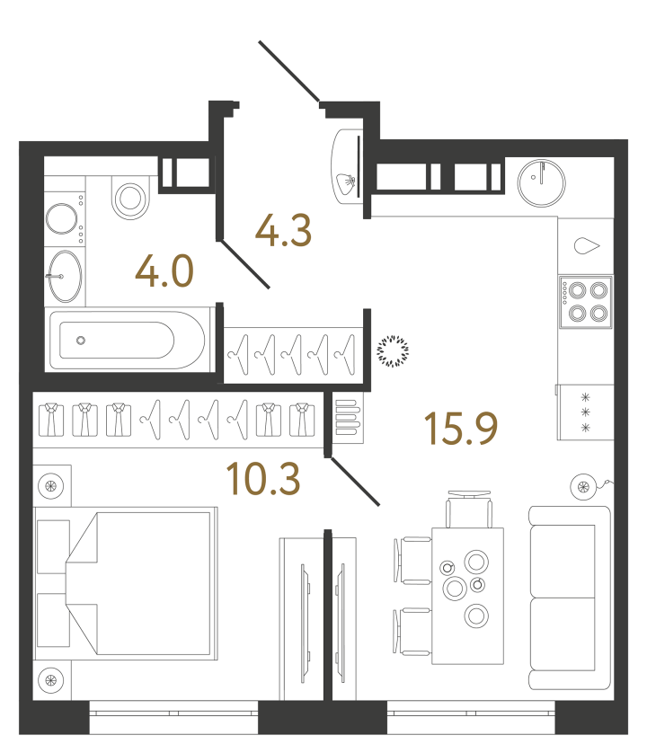 1-комнатная 34.5 м², 16 этаж, 10 700 000 руб.