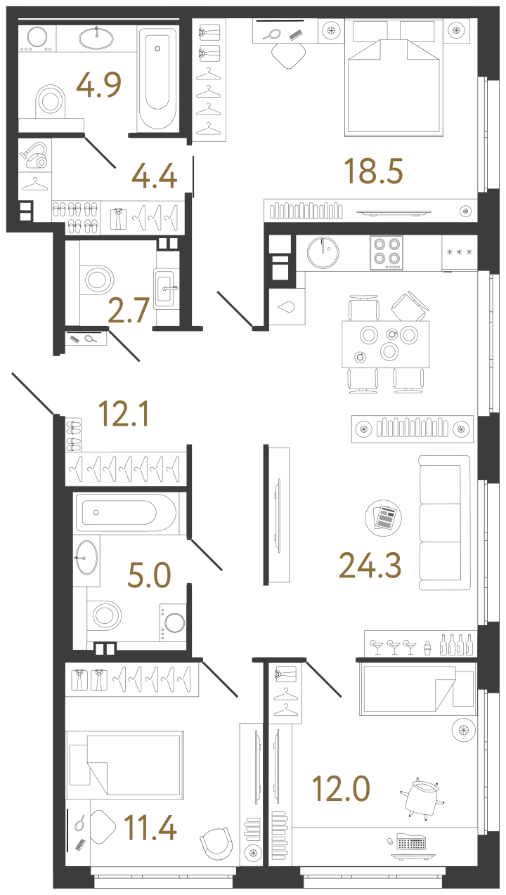 3-комнатная 95.3 м², 3 этаж, 60 039 000 руб.