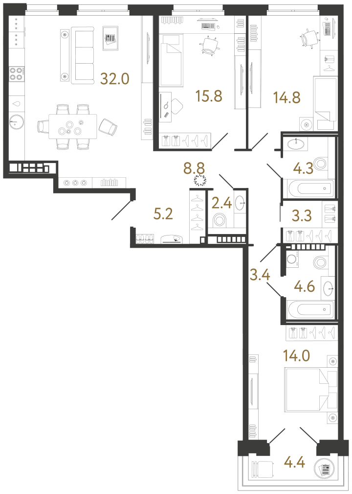 3-комнатная 108.6 м², 8 этаж, 68 355 000 руб.