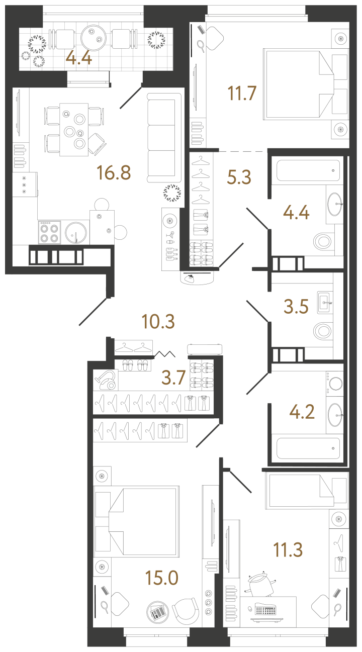 3-комнатная 86.2 м², 11 этаж, 31 011 364 руб.