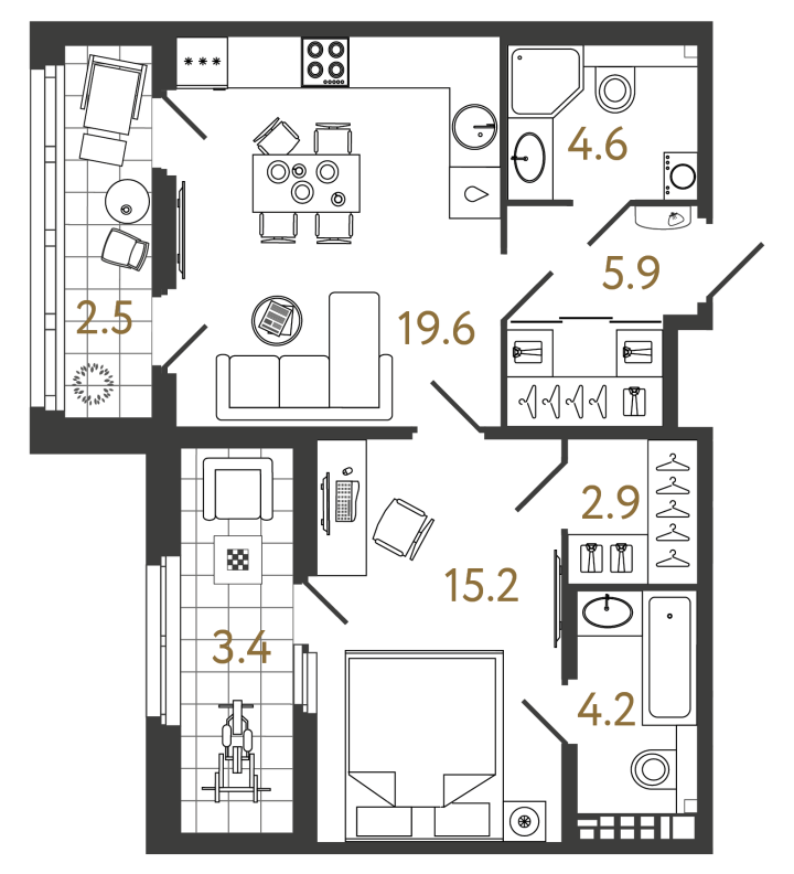 1-комнатная 52.4 м², 6 этаж, 30 119 482 руб.