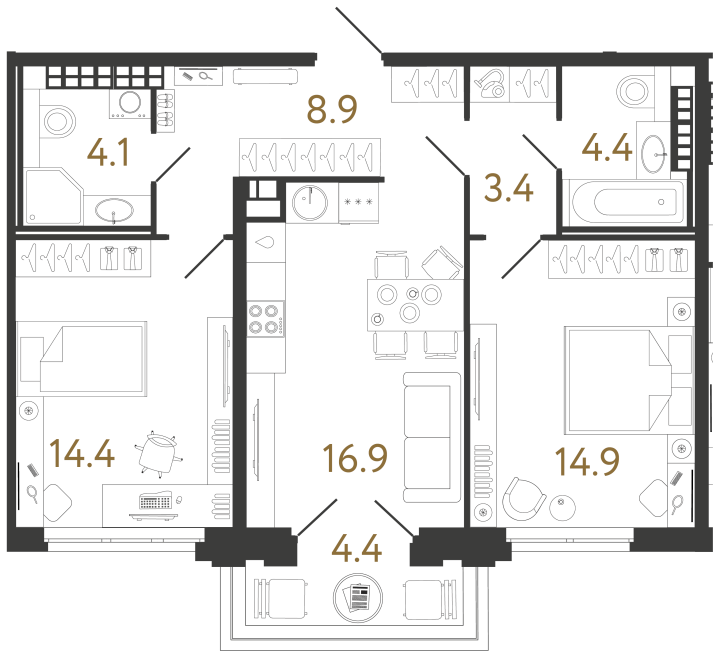 2-комнатная 67 м², 8 этаж, 42 210 000 руб.