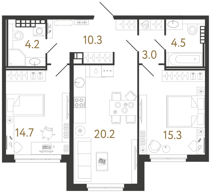 Двухкомнатная квартира №34 в ЖК Визионер - 72.2 м²