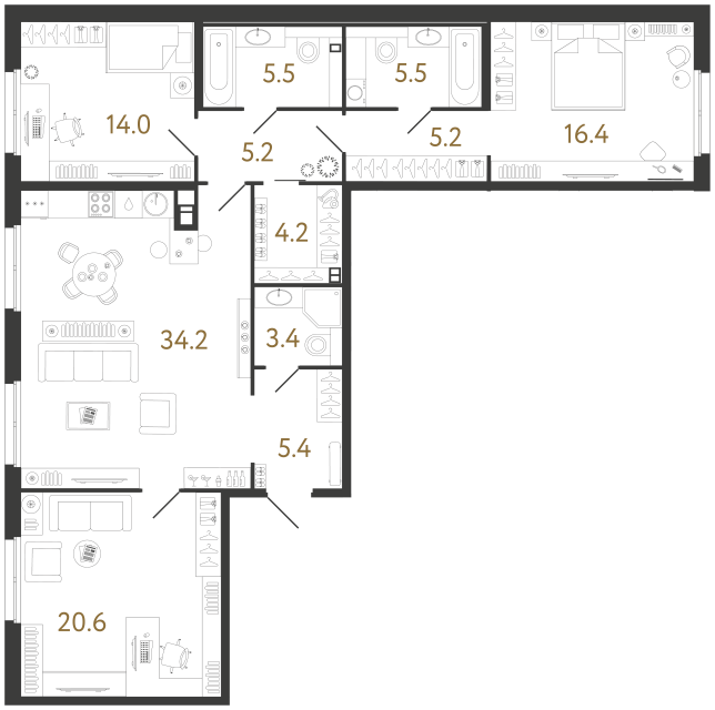 Трёхкомнатная квартира №99 в ЖК Визионер - 119.6 м²