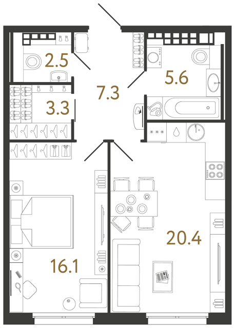 Однокомнатная квартира №193 в ЖК Визионер - 55.2 м²