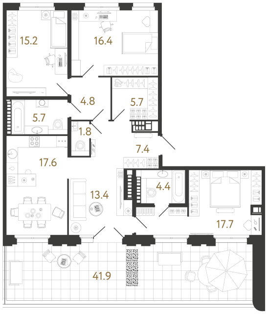 Четырехкомнатная квартира №145 в ЖК Визионер - 110.1 м²
