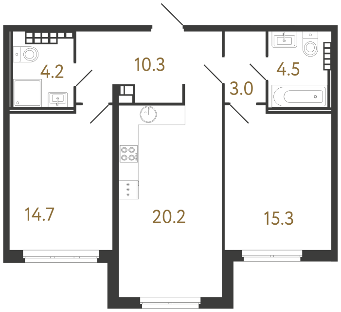 Двухкомнатная квартира №34 в ЖК Визионер - 72.2 м²