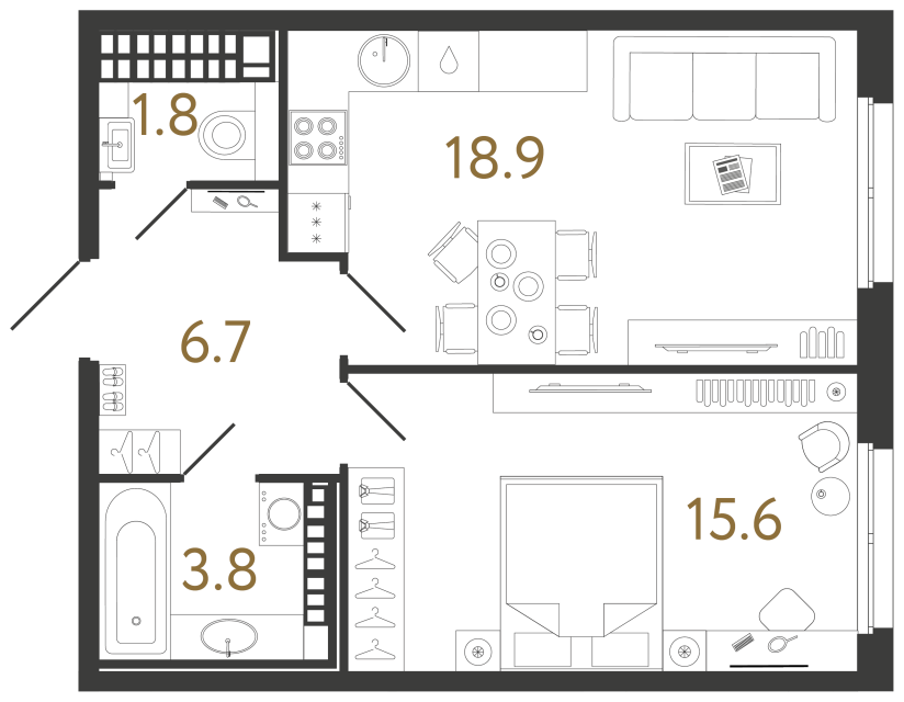 Однокомнатная квартира №143 в ЖК Визионер - 46.8 м²
