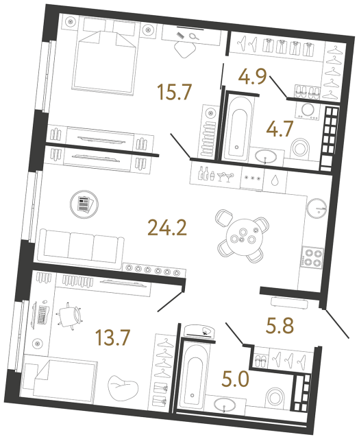 Двухкомнатная квартира №196 в ЖК Визионер - 74 м²