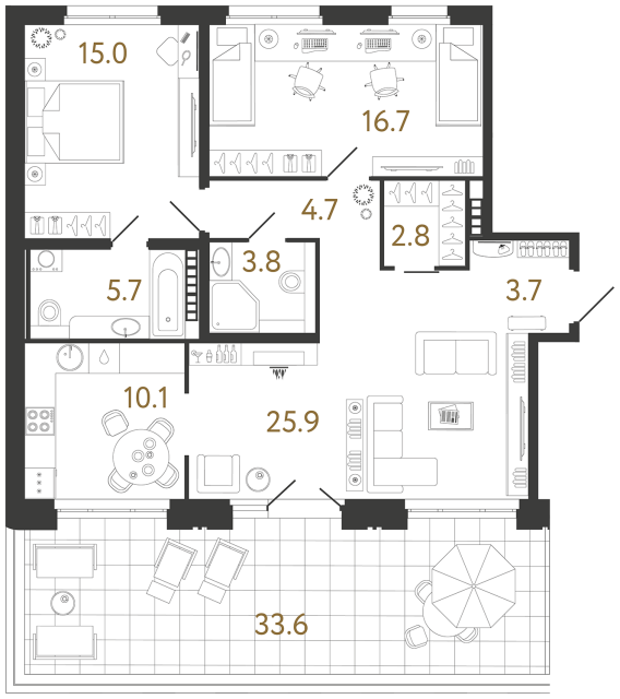 Трёхкомнатная квартира №224 в ЖК Визионер - 88.4 м²