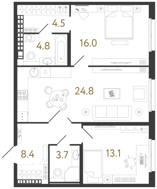 Двухкомнатная квартира №142 в ЖК Визионер - 75.3 м²